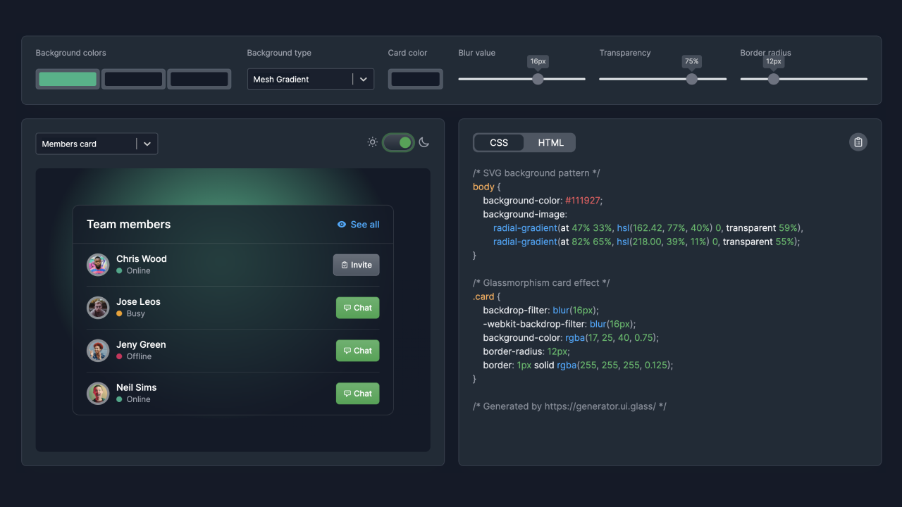 Công cụ tạo hiệu ứng Glassmorphism - Glass UI: Bạn sẽ không phải lo lắng về khả năng lập trình của mình khi sử dụng công cụ tạo hiệu ứng Glassmorphism của Glass UI. Với nhiều tùy chọn và trình điều khiển đơn giản, bạn chắc chắn sẽ tạo được những hiệu ứng ấn tượng và chuyên nghiệp. Tương tác với người dùng trên trang web trở nên vô cùng dễ dàng với Glass UI. 